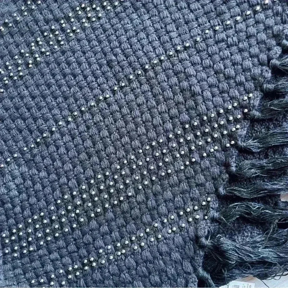 black chunky knit pullover poncho studded fringe sweater turtleneck tassels osfa - Picture 5 of 8